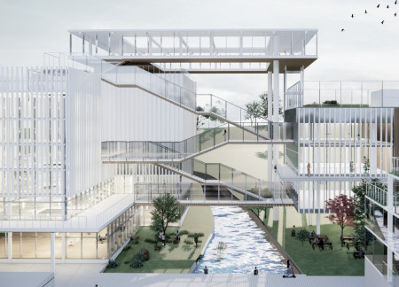 Smart Farm Integration With Green Roofs And Soundproofed Workspaces Using Iron And Glass  