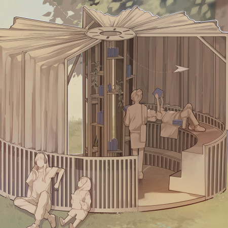 Playful Circular Structure Featuring Adjustable Canvas Curtains and Natural Timber Elements for Community Engagement