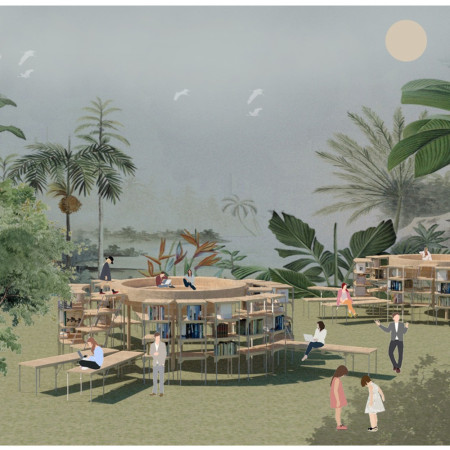 Flexible Space with Movable Shelving and Natural Wood Elements for Enhanced Community Engagement