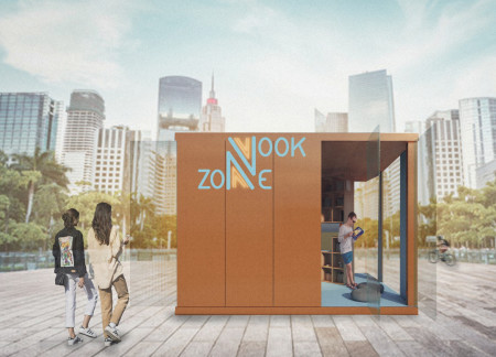 Pivoting Metal Panels and Plywood Shelving Create a Dynamic Community Hub for Literature