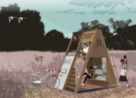 Bonderized Metal Roof and Dimensional Lumber Frame Create a Multifunctional Space for Cycling and Reading