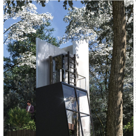 Elevated Living Spaces Crafted from Sustainable Steel and Natural Wood in a Forested Setting