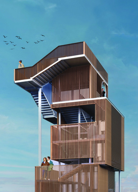 Charred Wooden Shingles and Modular Steel Create an Engaging Observation Tower Overlooking Silver Lake