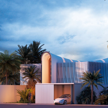 Curvilinear Design with Aluminum Cladding and Natural Stone Elements for Modern Living  