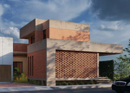 Central Courtyard With Brick Façade and Green Wall Systems in a Contemporary Home Design  