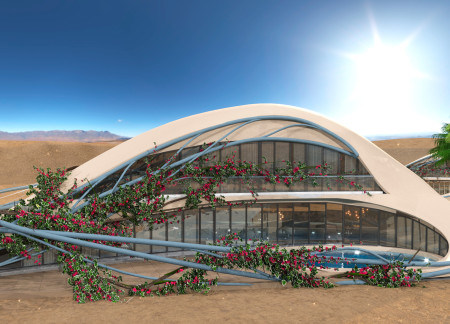Family residence emphasizing sustainable materials and organic forms in a desert setting  