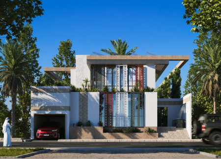 Sustainable Home Featuring Recycled Palm Fronds and Solar Glass Embracing UAE Heritage