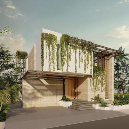 Residential home featuring local stone façades and green wall systems for sustainable living
