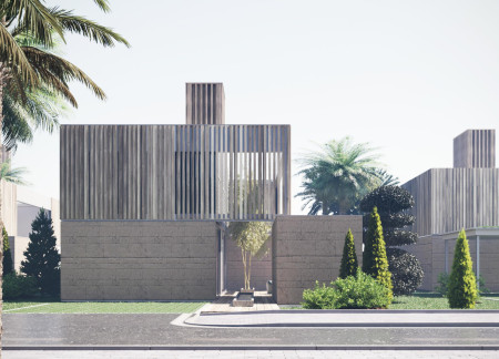 Elevator Parking System With Natural Sandstone and Wood Paneling In A Modular Residential Dwelling  