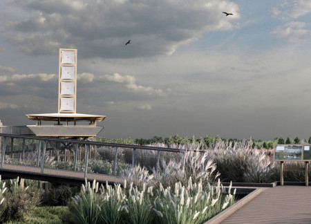 Elevated Viewing Platform With Eco-Composites and Fabric Canopy in Natural Wetlands