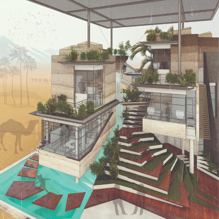 Rammed Earth Walls Enhanced by Translucent Solar Panels in Comfortable Desert Housing  