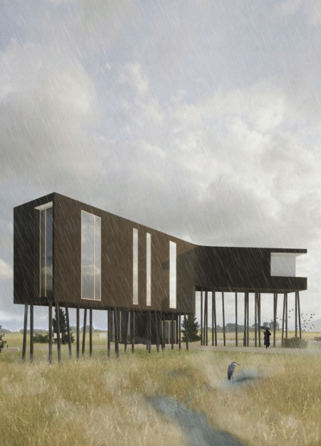 Elevated Perspectives with Charred Wooden Shingles and Timber Framing in a Marshland Retreat
