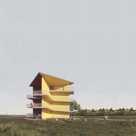 Experiential Observation Tower Crafted with Laminated Wood and Colorful Metal Cladding  