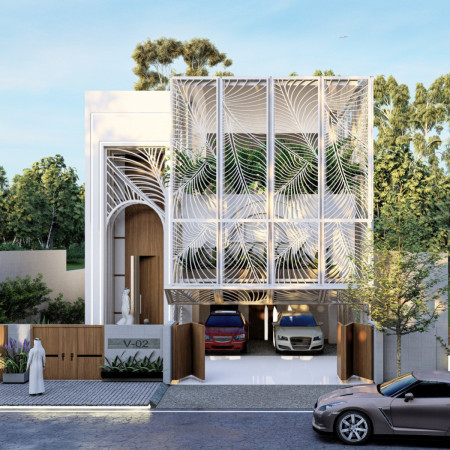 Latticework Facades with Limestone and Vertical Gardens in Sustainable Family Living Space