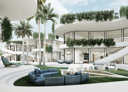 Curvilinear Community Spaces Featuring Sustainable Glass and Stone Integration