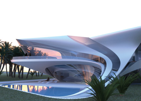 Fluid Form Constructed With GFRC And Tinted Glass Amidst Coastal Landscape