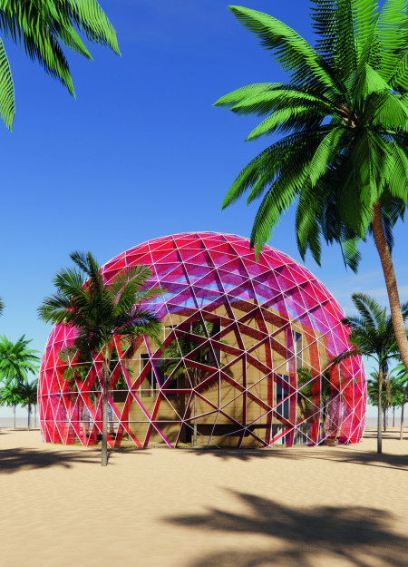 Geodesic Dome Crafted from Adobe and Textiles for Sustainable Desert Living  