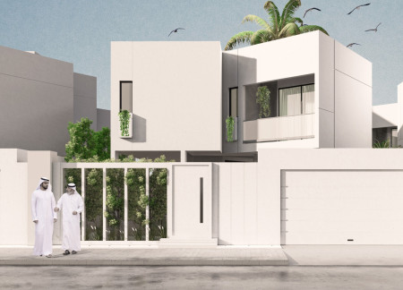Residential haven featuring expansive glass facades and integrated landscaping with reinforced concrete and wood finishes