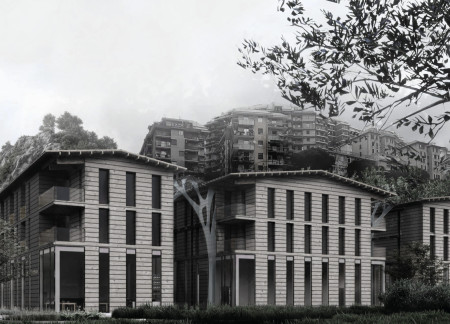 Charred Wooden Shingles and Cross-Laminated Timber Panels Enriching a Contemporary Community Space