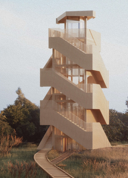 Elevation Through Cross-Laminated Timber Panels with Charred Wooden Shingles for Ecological Observation  