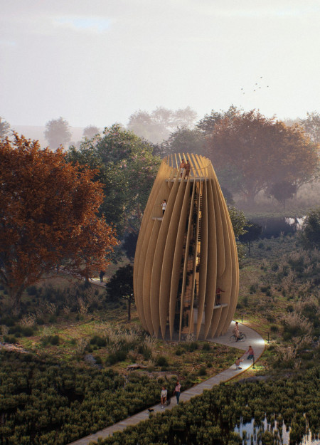 Charred Wooden Shingles and Cross-Laminated Timber Form a Multifunctional Community Space  
