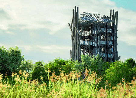 Charred Wooden Shingles and Cross-Laminated Timber Panels Forming a Multifunctional Community Space