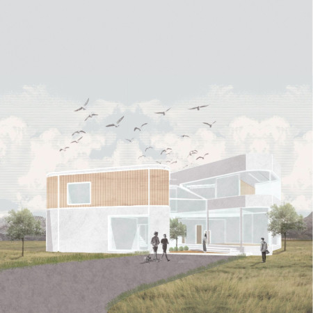 Curvilinear Concrete Structure with Geothermal Heating and Natural Wood Accents for Recreational Wellness  