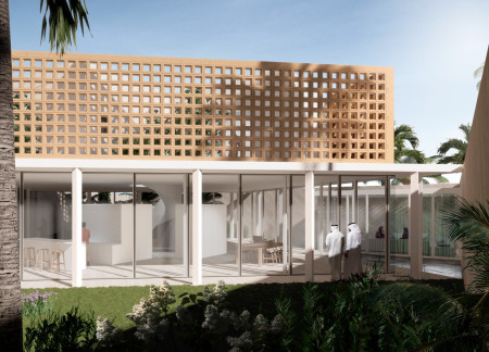 Dual-Function Majilis Pavilion with Charred Wooden Shingles and Triangular Gardens in Urban Setting  