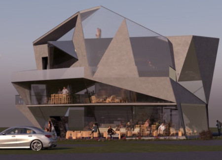 Pentagonal Space Crafted With Basalt and Natural Wood Overlooking Northern Lights