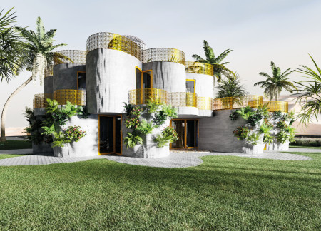 Curvilinear Concrete Walls and Arabic Mosaic Patterns in Sustainable Urban Living  