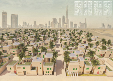 Residential community featuring rammed earth panels and traditional wind catchers for sustainable living