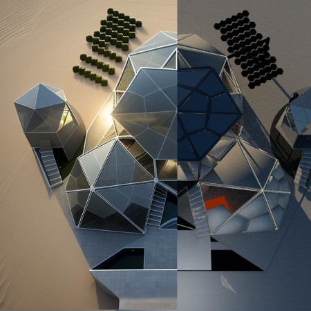 Hexagonal Structure Featuring Aircrete and Smart Glass for Sustainable Living Solutions