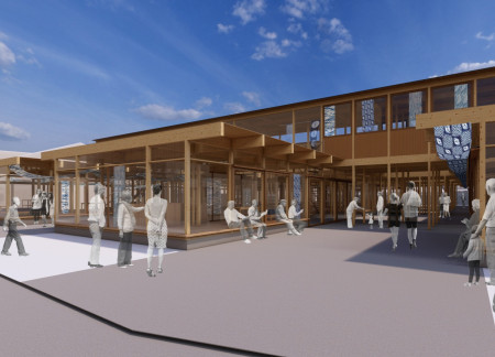 Charred Wooden Shingles and Fiber-Reinforced Elements Define Sustainable Urban Community Hub