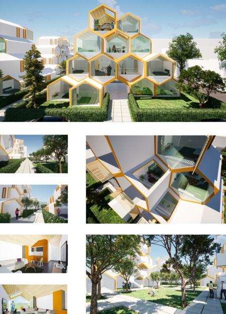 Hexagonal Housing with Glass Facades and Sustainable Timber Elements  