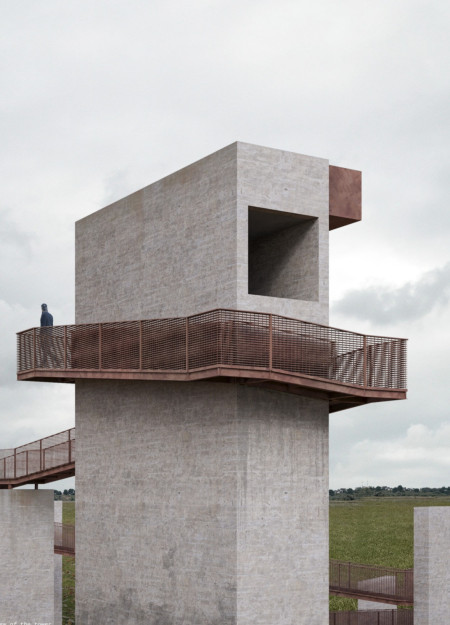 Weathered Steel And Concrete Structure Offering Elevated Views Over Prairie Landscape  