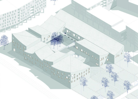 Charred Wooden Shingles Blending With Natural Surroundings in Flexible Community Spaces