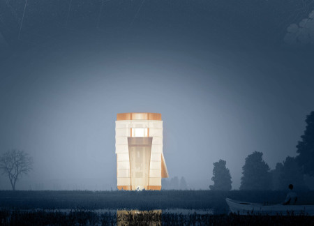 Twisting Form of Charred Wooden Shingles in a Community Observation Tower  