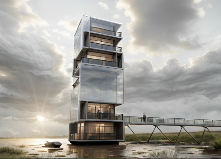 Elevated Observation Tower Constructed with Steel and Glass Overlooking Wetlands  