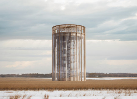 Circular Observation Tower Crafted from Laminated Timber and Glass in Wetland Environment