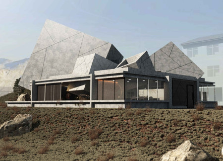Geothermal Wellness Retreat Featuring Local Stone and Angular Forms 