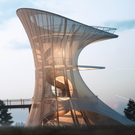 Wind-Responsive Observation Tower Featuring Natural Wood and Steel Integration  