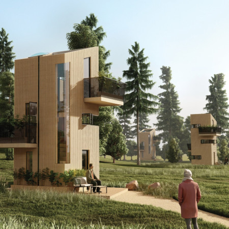 Charred Wooden Shingles and Green Roofs Enhance Sustainable Community Spaces