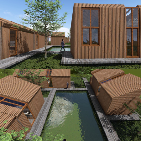 Charred Wooden Shingles and Rainwater Harvesting in Compact Timber Housing