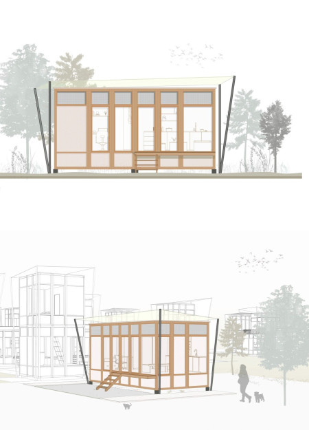 Canopy-Integrated Housing Units Utilizing High-Tech Fabric and Thermally Modified Wood in Community Recovery Design