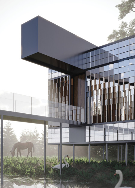 Charred Wooden Shingles and Natural Light Integration in Sustainable Community Hub  