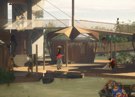 Community housing incorporating floating structures and locally sourced wood in an aquatic environment  