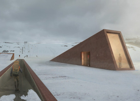 Geometric Design with Red Concrete and Geothermal Systems for an Outdoor Retreat  