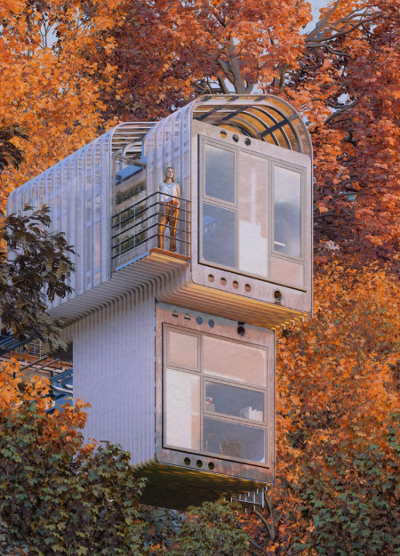 Charred Wooden Shingles and Cross-Laminated Timber Panels Enveloping a Multifunctional Community Space  
