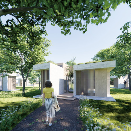 Charred Wooden Shingles and Transparent Spaces Define A Biophilic Community Hub