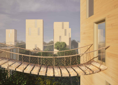 Charred Wooden Shingles and Cross-Laminated Timber Panels Forming a Biophilic Community Space  